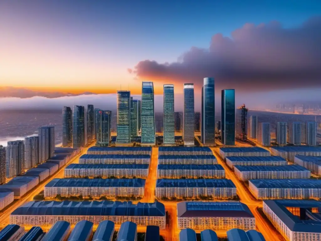 Metrópolis futurista: arquitectura avanzada en la era digital Futurista ciudad con rascacielos, datos en tiempo real y predicción de tendencias inmobiliarias con Machine Learning