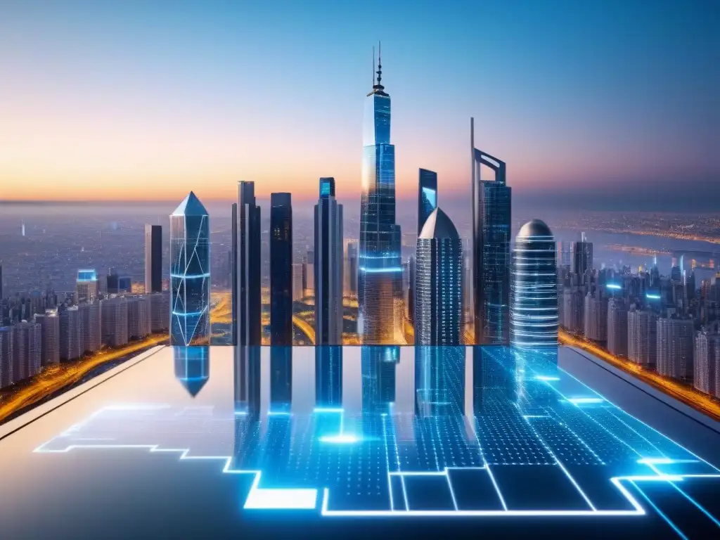 Metrópolis futurista: innovación en valuación inmobiliaria Futurista ciudad con rascacielos y herramienta de valoración inmobiliaria de alta tecnología proyectando datos holográficos