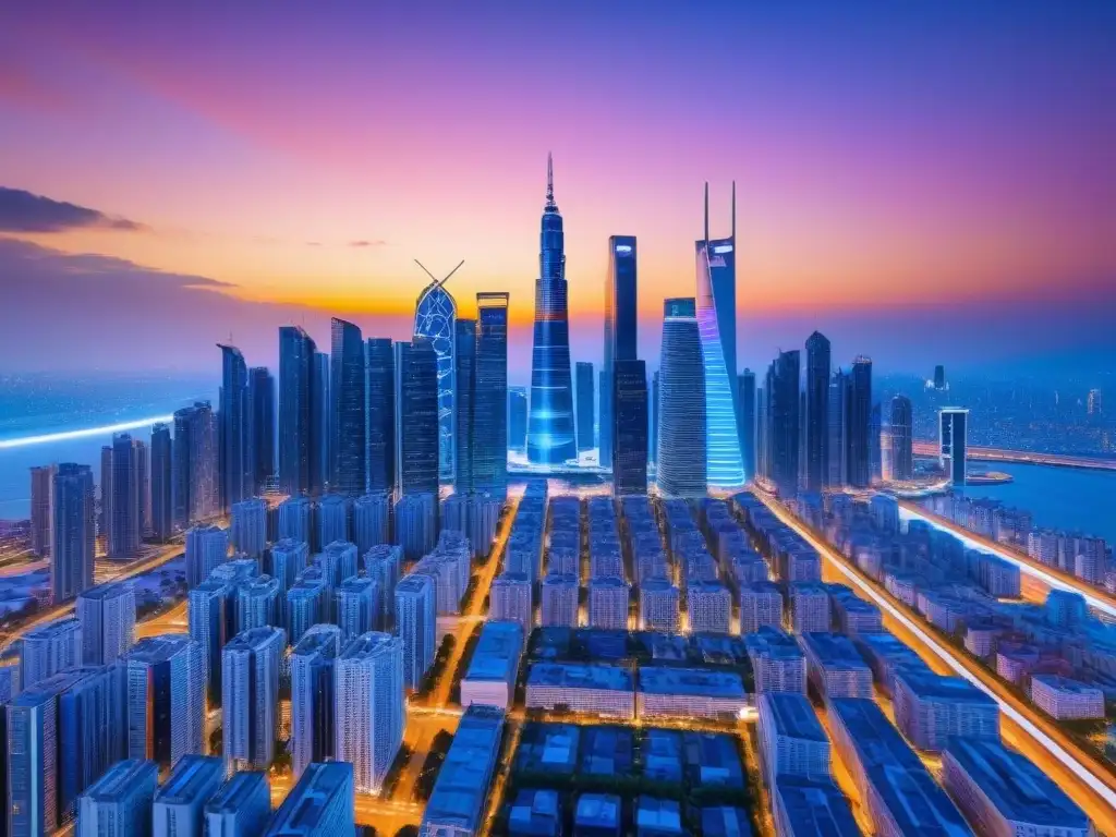 Futurismo nocturno: ciudad 8K con hologramas y autos voladores Futurista ciudad al anochecer con rascacielos iluminados y hologramas proyectando datos del mercado inmobiliario