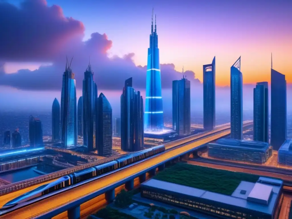 Metrópolis futurista en 8k: luces neon y alta tecnología Futurista ciudad con rascacielos iluminados por luces neón, mostrando herramientas valoración propiedades tiempo real