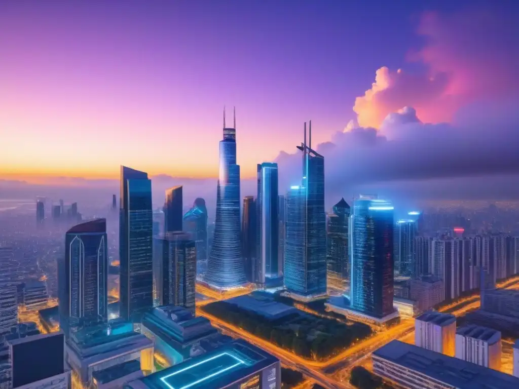 Skyline futurista: inteligencia artificial en inversión inmobiliaria Futurista ciudad con rascacielos iluminados por luces neón, reflejando la integración de la Inteligencia Artificial en Inversión Inmobiliaria