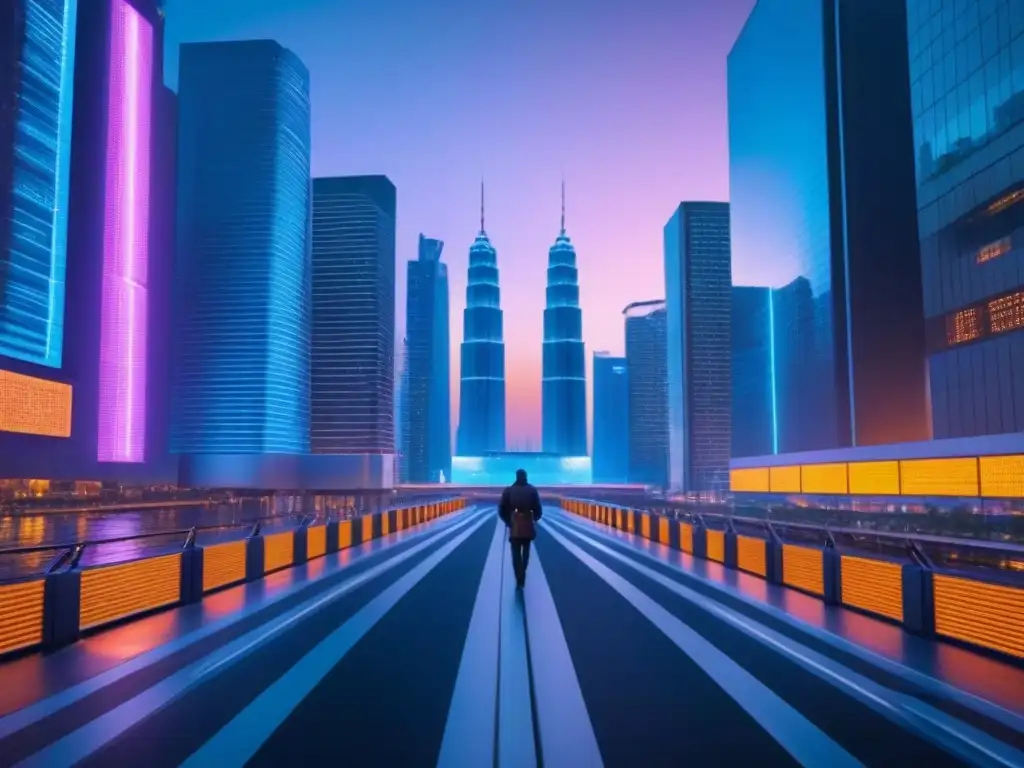 Innovación inmobiliaria: Ciudad futurista con gráficos de inversión Futurista ciudad con rascacielos iluminados por luces de neón, mostrando gráficos de inversión inmobiliaria