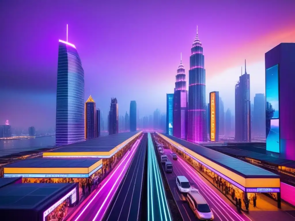 Metrópolis futurista: luces neón y cultura en vibrante ciudad al atardecer Futurista ciudad con rascacielos iluminados por luces neón, reflejando identidad cultural de la región
