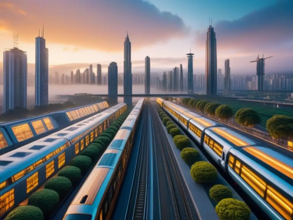 Metrópolis del Futuro en Sudamérica: Ciudad Innovadora al Atardecer Futurista ciudad en Sudamérica: rascacielos innovadores, espacios verdes y sistemas de transporte avanzados en atardecer