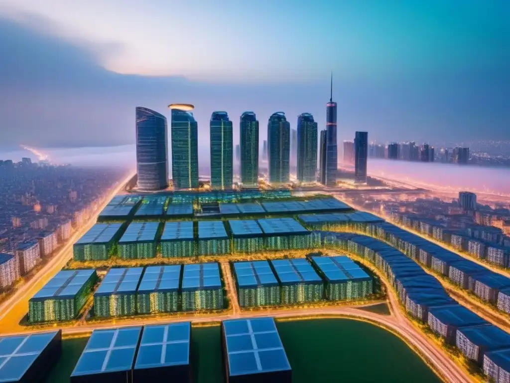 Cityscape futurista: planificación urbana y desarrollo inmobiliario innovador Futurista ciudad al anochecer con rascacielos innovadores, reflejando la planificación portafolio inmobiliario futuro