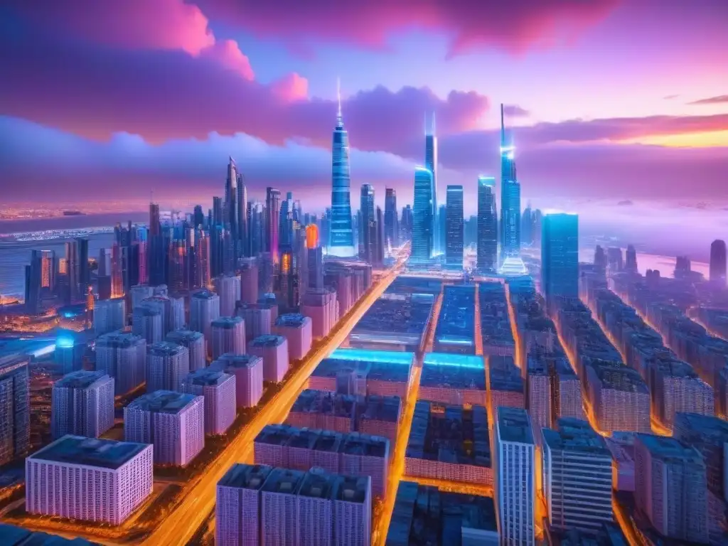 Metrópolis futurista en 8k: innovación y colaboración en la era digital Futurista ciudad, rascacielos innovadores iluminados con neón