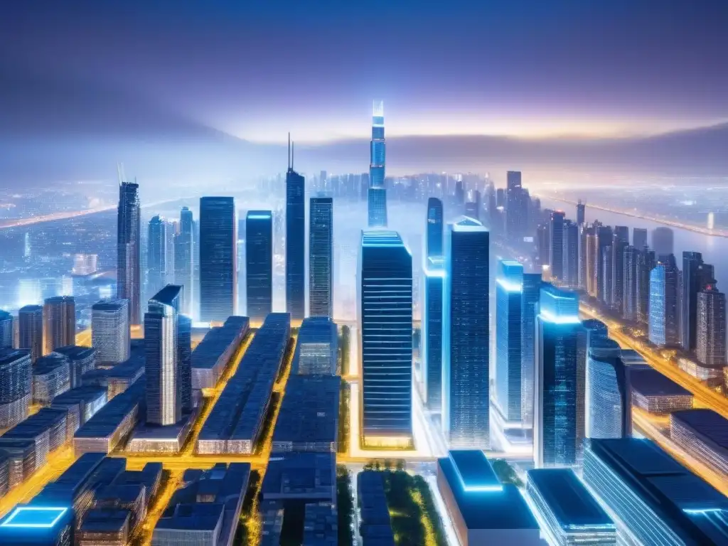 Metrópolis Futurista: Integración Blockchain en Bienes Raíces Futurista ciudad con rascacielos integrados con tecnología blockchain financiamiento inmobiliario