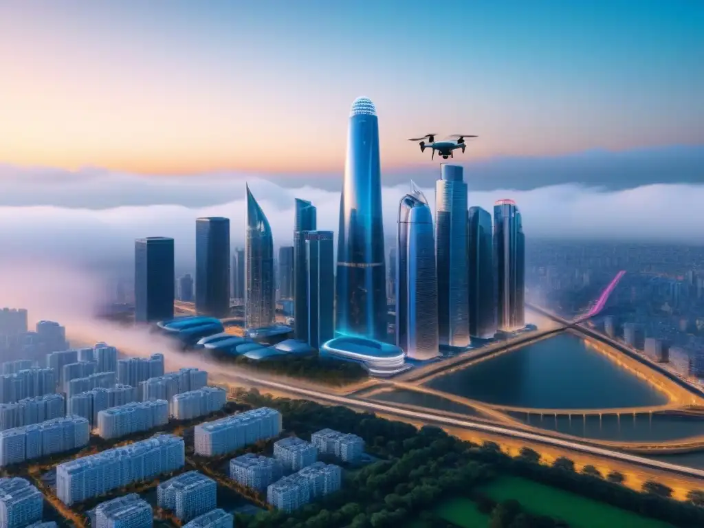 Metrópolis futurista: IA revoluciona análisis inmobiliario en tiempo real Futurista ciudad con rascacielos inteligentes y drones AI, simbolizando el análisis de mercado inmobiliario con IA