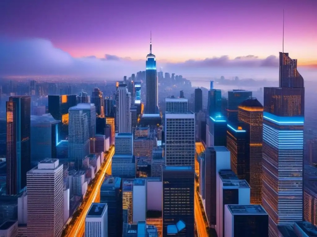 Metrópolis futurista blockchain: transparencia y seguridad Futurista ciudad con rascacielos interconectados por redes blockchain, reflejando transparencia y seguridad