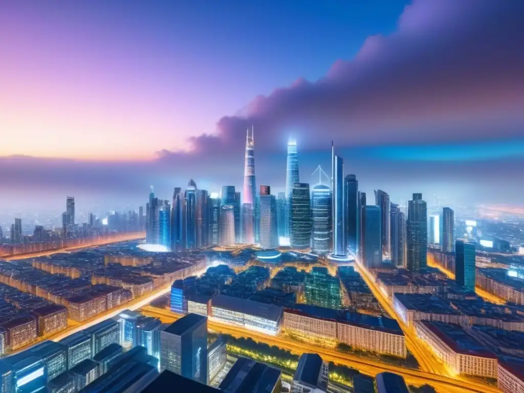 Skyline urbano moderno: análisis predictivo y diversidad inmobiliaria Futurista ciudad con rascacielos y modelos predictivos propiedades inmobiliarias