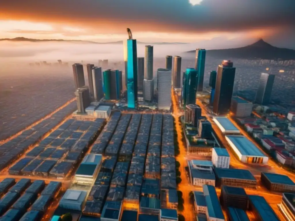 Metrópolis futurista: Ciudad de México en 8K Futurista ciudad de México con rascacielos modernos junto a arquitectura tradicional, reflejando normativas de zonificación en México
