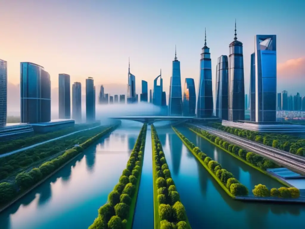 Metrópolis futurista: paisaje urbano en armonía con la naturaleza Futurista ciudad con rascacielos modernos reflejando el atardecer, drones transportando personas, naturaleza y tecnología