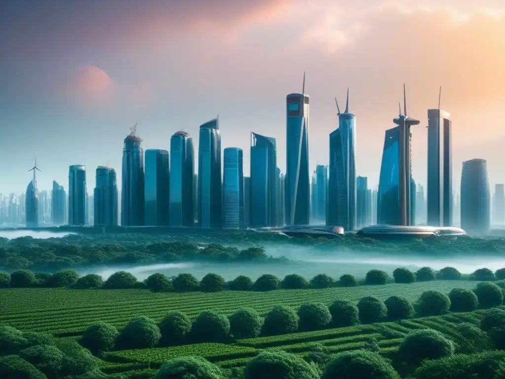 Skyline futurista: arquitectura avanzada y sostenibilidad Futurista ciudad con rascacielos, naturaleza y paneles solares