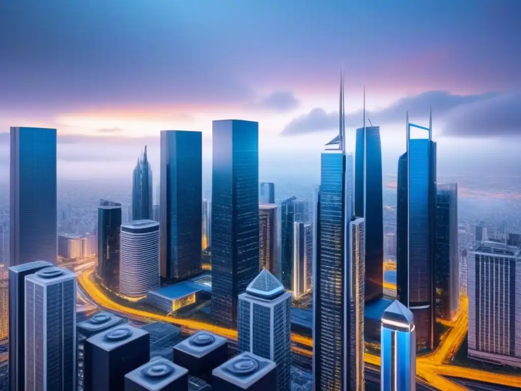 Metrópolis futurista con real estate en crisis Futurista ciudad con rascacielos y pantallas digitales, auriculares de realidad virtual en el aire, estrategias de inversión inmobiliaria
