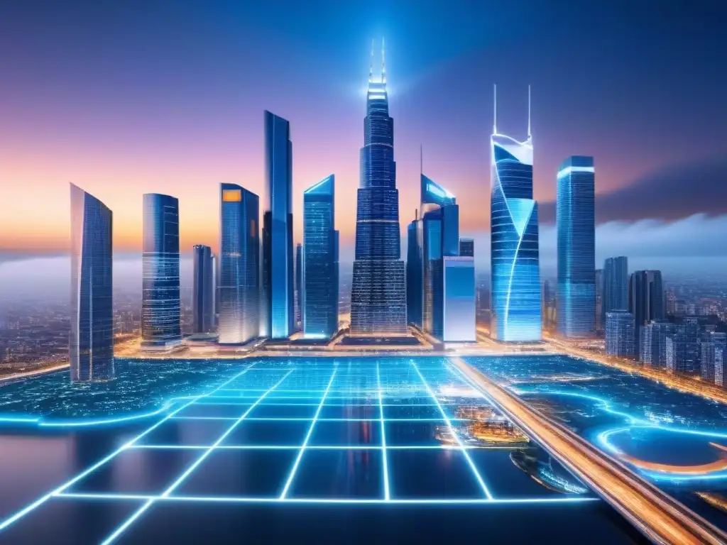 Horizonte futurista: rascacielos con datos y tecnología de vanguardia Futurista ciudad con rascacielos, patrones de visualización de datos y luces ambientales