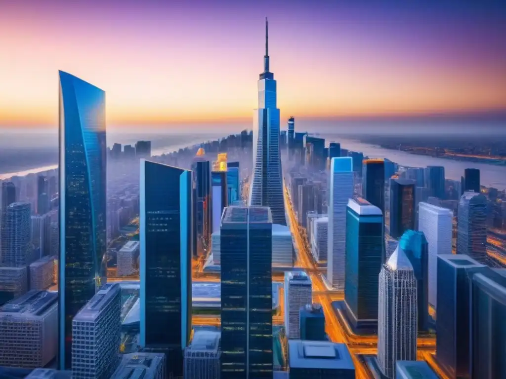 Metrópolis futurista: modernización de la industria inmobiliaria Futurista ciudad con rascacielos y profesionales de startups inmobiliarias transformación digital