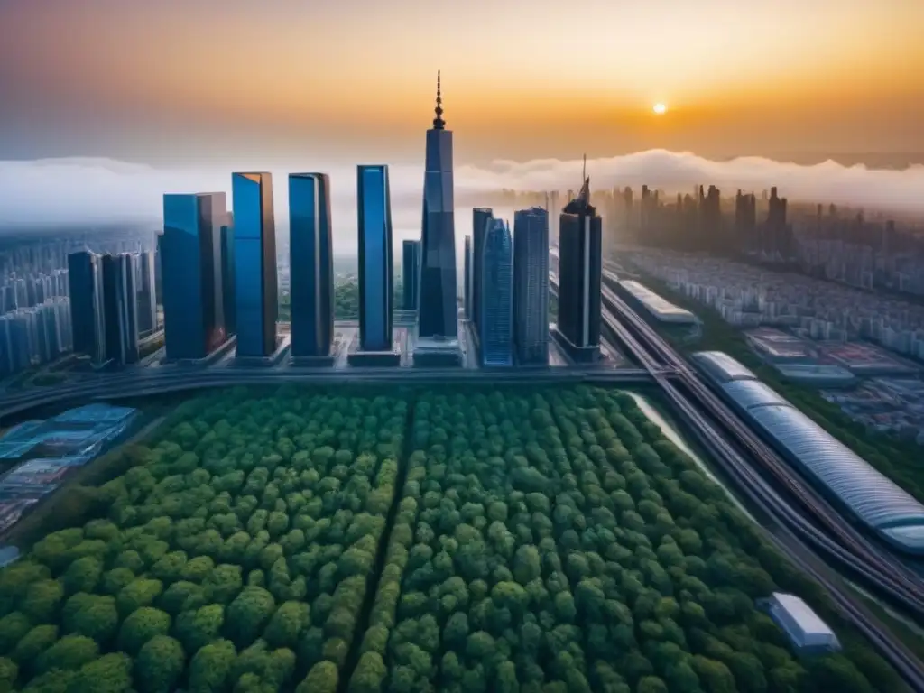 Metrópolis futurista: rascacielos modernos en atardecer dorado Futurista ciudad con rascacielos reflejando el sol, rodeados de vegetación