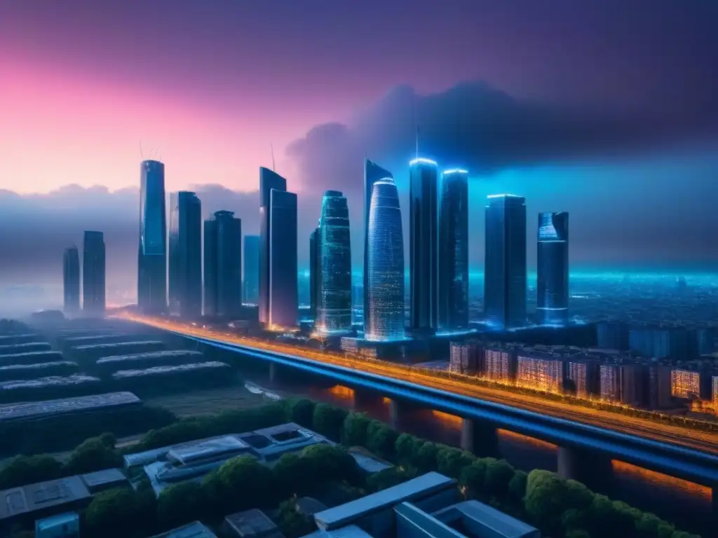 Metrópolis futurista con IA avanzada en la inversión inmobiliaria Futurista ciudad con rascacielos y tecnología AI, iluminada por neones