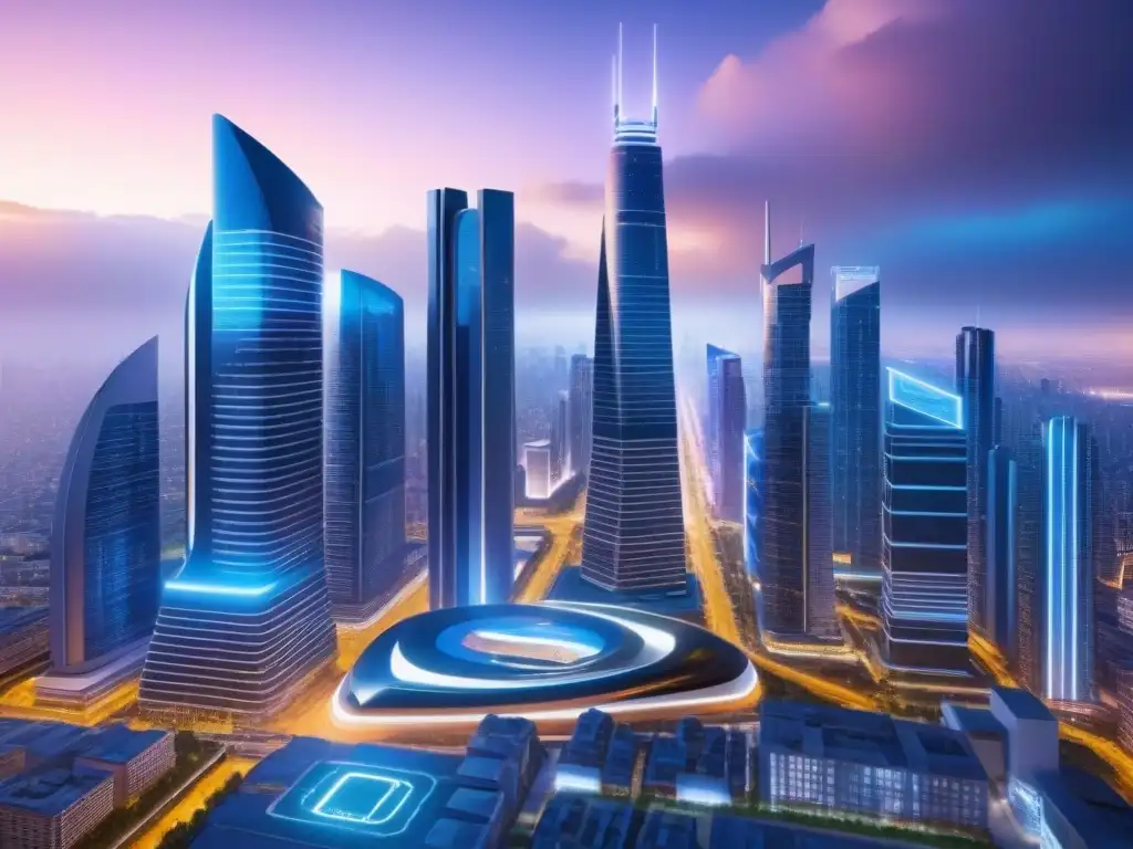 Metrópolis futurista: innovación digital en bienes raíces Futurista ciudad con rascacielos y tecnología avanzada, reflejando el tema de Startups inmobiliarias transformación digital