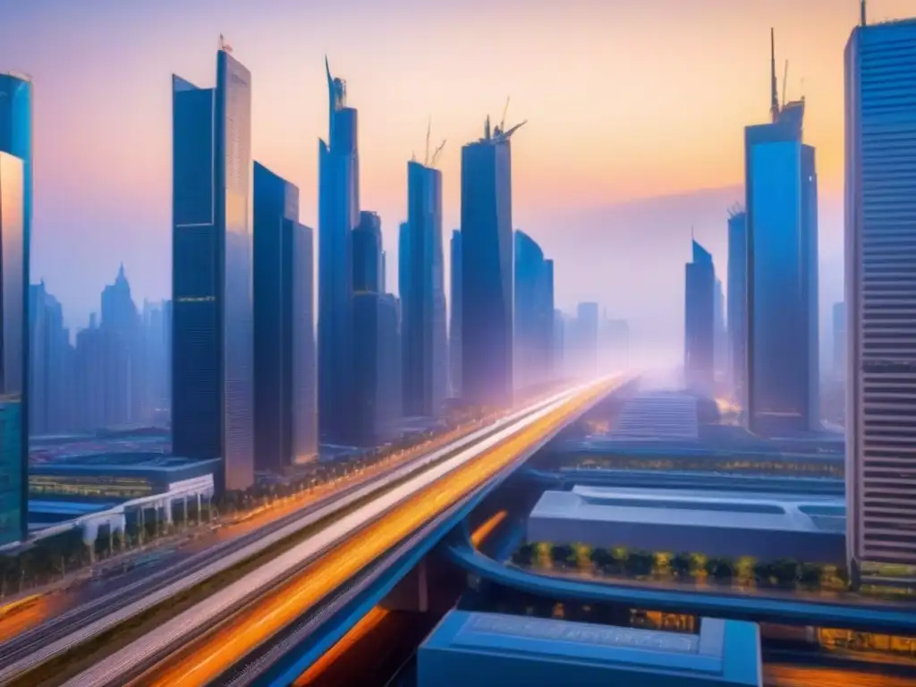 Metrópolis futurista: innovación y sostenibilidad en la ciudad del mañana Futurista ciudad con rascacielos y tecnología avanzada en zonas potencial valorización mejoras servicios
