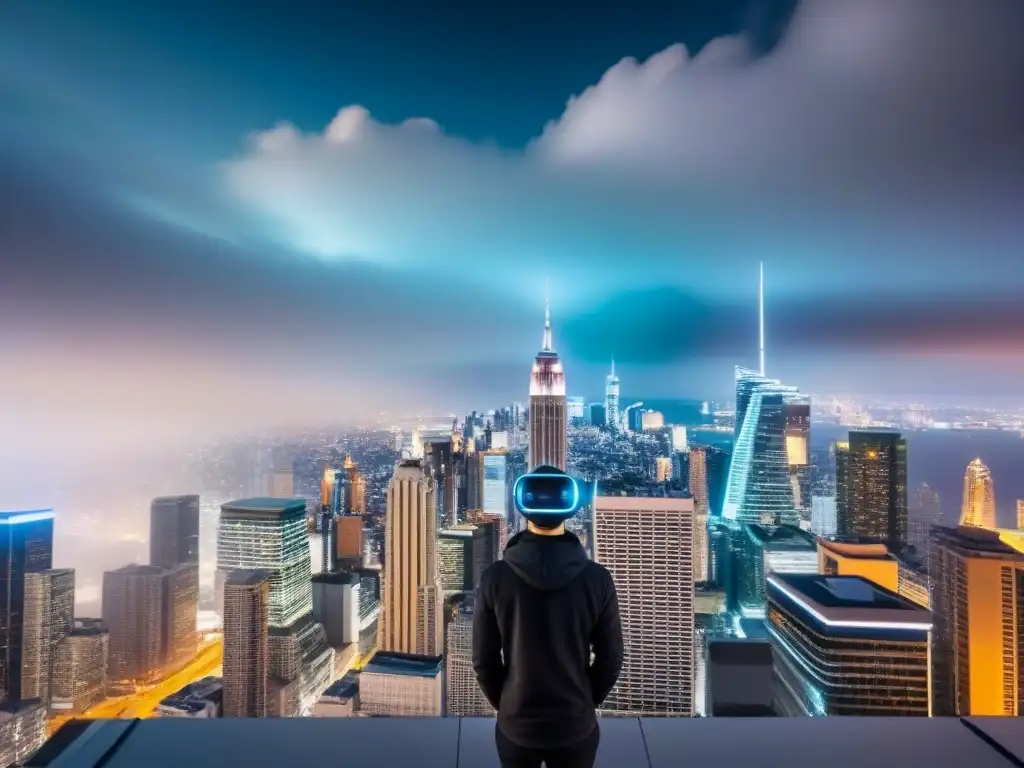 Realidad virtual y datos inmobiliarios en ciudad futurista Futurista ciudad con rascacielos y tecnología en mercado inmobiliario: IA y VR
