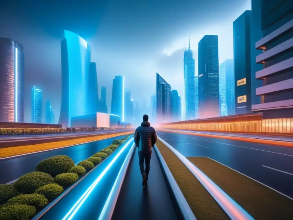 Metrópolis futurista: Realidad aumentada en el mercado inmobiliario Futurista ciudad con rascacielos tecnológicos y profesionales usando AR y hologramas para analizar datos