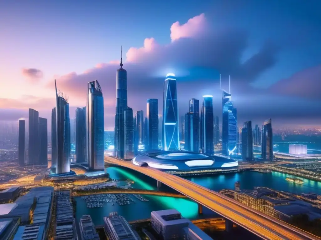 Metrópolis futurista: mercado inmobiliario en evolución Futurista ciudad con rascacielos, transporte avanzado y mercado inmobiliario activo