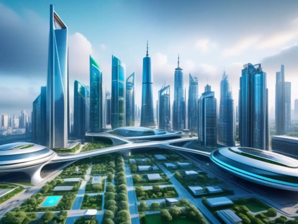 Metrópolis futurista: rascacielos verdes y drones Futurista ciudad con rascacielos verdes y drones, reflejando regulaciones tecnológicas sector inmobiliario