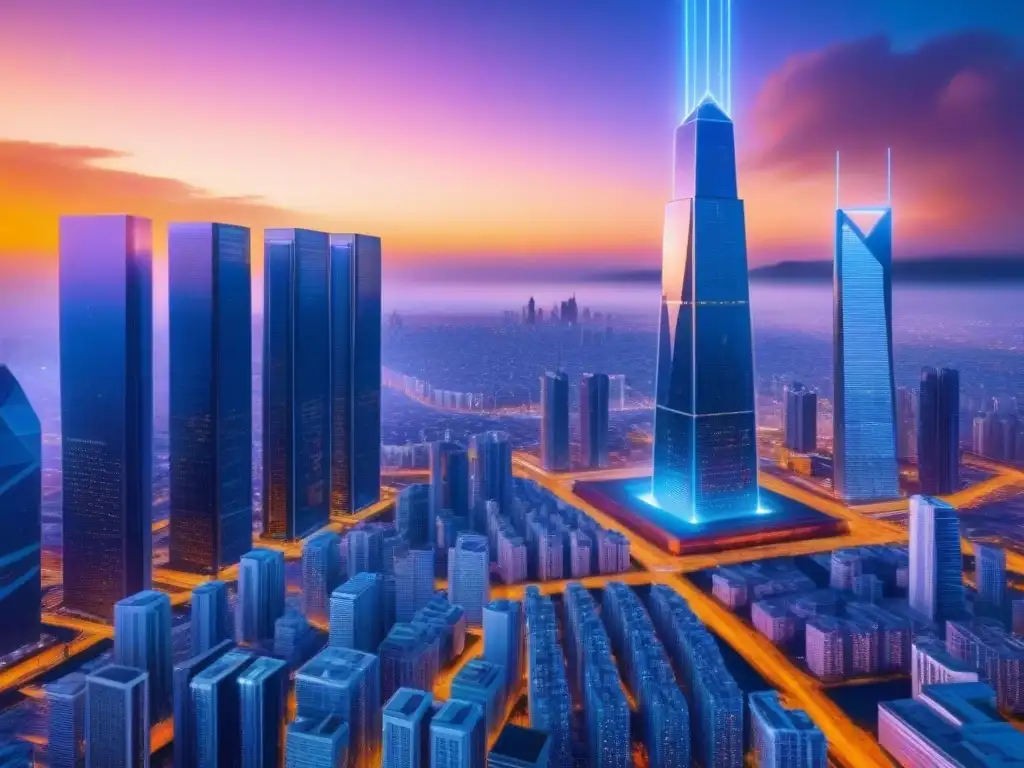 Metrópolis futurista en 8k con tecnología blockchain Futurista ciudad con rascacielos de vidrio, redes de tecnología blockchain y gráficos digitales flotantes al anochecer