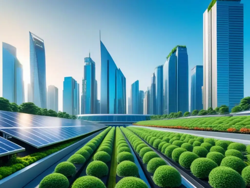 Metrópolis futurista verde: arquitectura sostenible en 8k Futurista ciudad verde con edificios sostenibles, conservación de edificios cambio climático