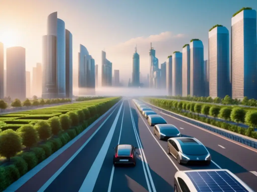 Metrópolis futurista: edificios ecoeficientes y calles verdes Futurista ciudad eco con edificios eficientes, vehículos eléctricos y gente reduciendo huella carbono edificaciones