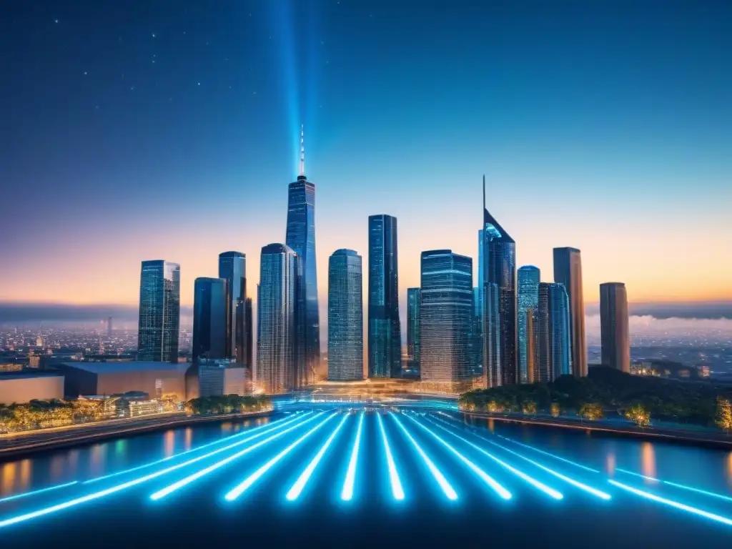Skyline futurista con iconos financieros digitales Cityscape futurista con edificios iluminados por símbolos financieros, transmitiendo innovación y tecnología