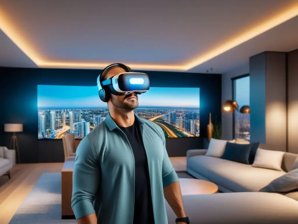 Realidad virtual inmersiva para propiedades de lujo Futurista visión VR inmobiliaria: auricular flotante emite luz, rodeado de propiedades lujosas