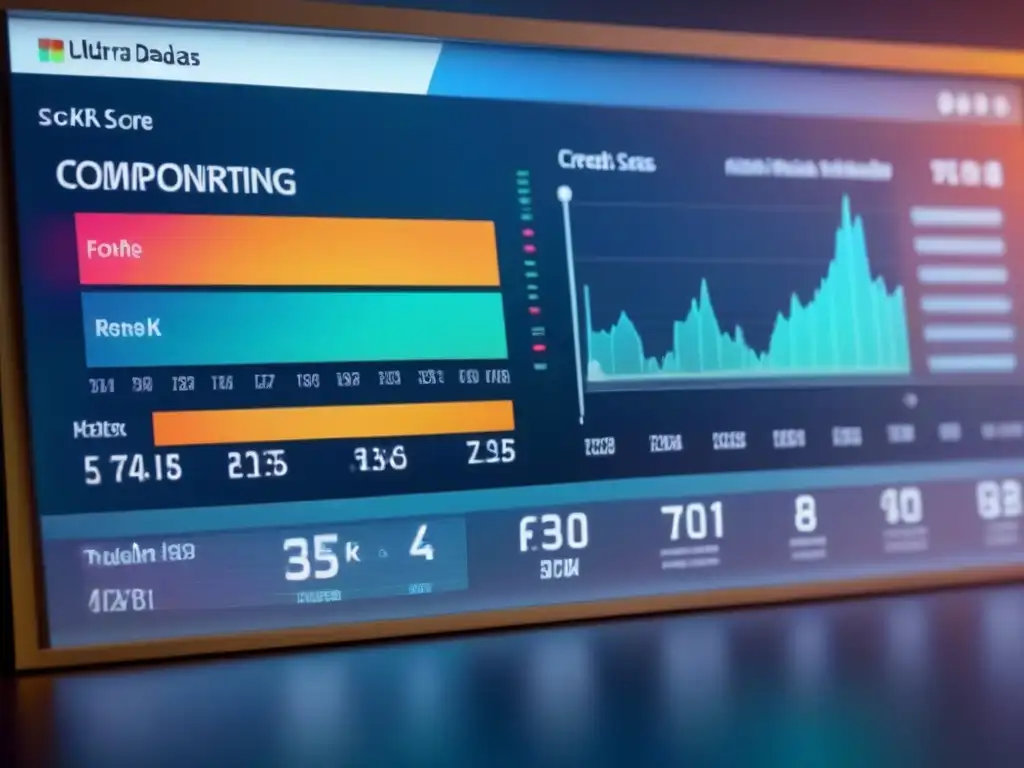 Panel de monitoreo crediticio futurista en pantalla digital transparente Dashboard futurista con gráficos y puntajes crediticios