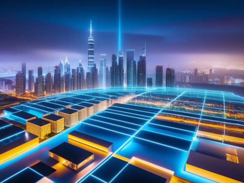 Skyline futurista: ciudad inteligente en 3D Futurista holograma de ciudad inteligente, tecnología en fondos inmobiliarios