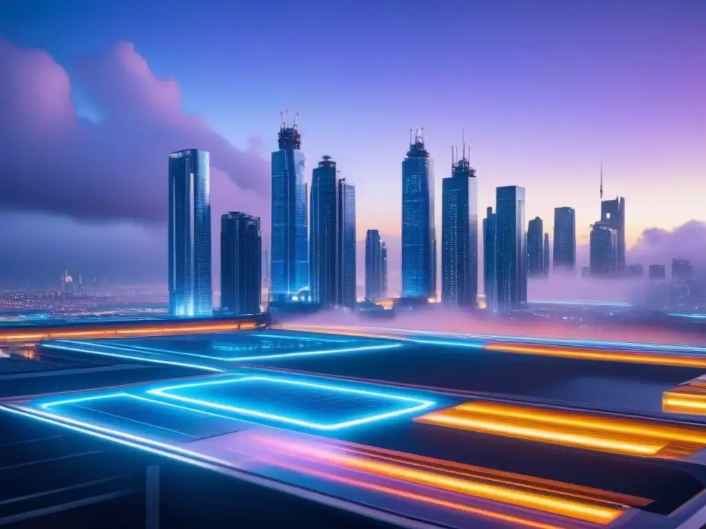 Metrópolis futurista con propiedades holográficas y tecnología avanzada Metrópolis futurista al anochecer con hologramas de propiedades inmobiliarias y transporte avanzado