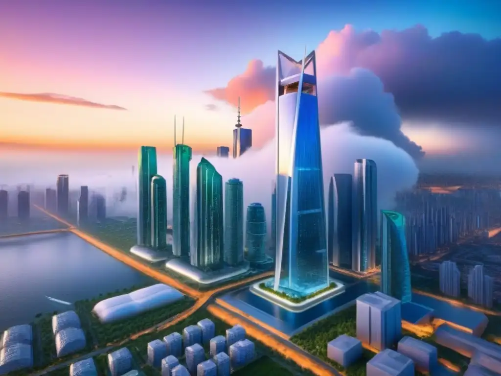 Visión futurista de la inversión inmobiliaria en una ciudad avanzada Visión futurista de la inversión inmobiliaria en un mundo tecnológico con rascacielos, espacios verdes y sistemas de transporte avanzados
