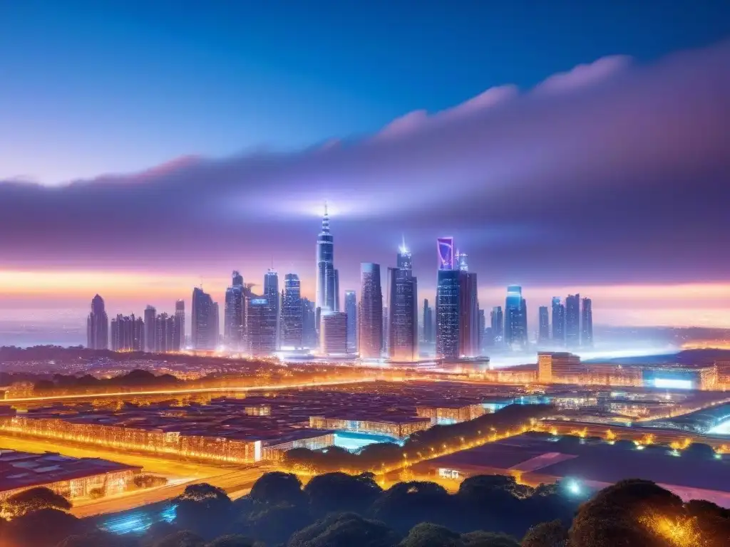 Horizonte futurista: rascacielos iluminados y estrellas Cityscape futurista de noche con rascacielos iluminados por luces de neón, fusionando estética moderna y elementos culturales
