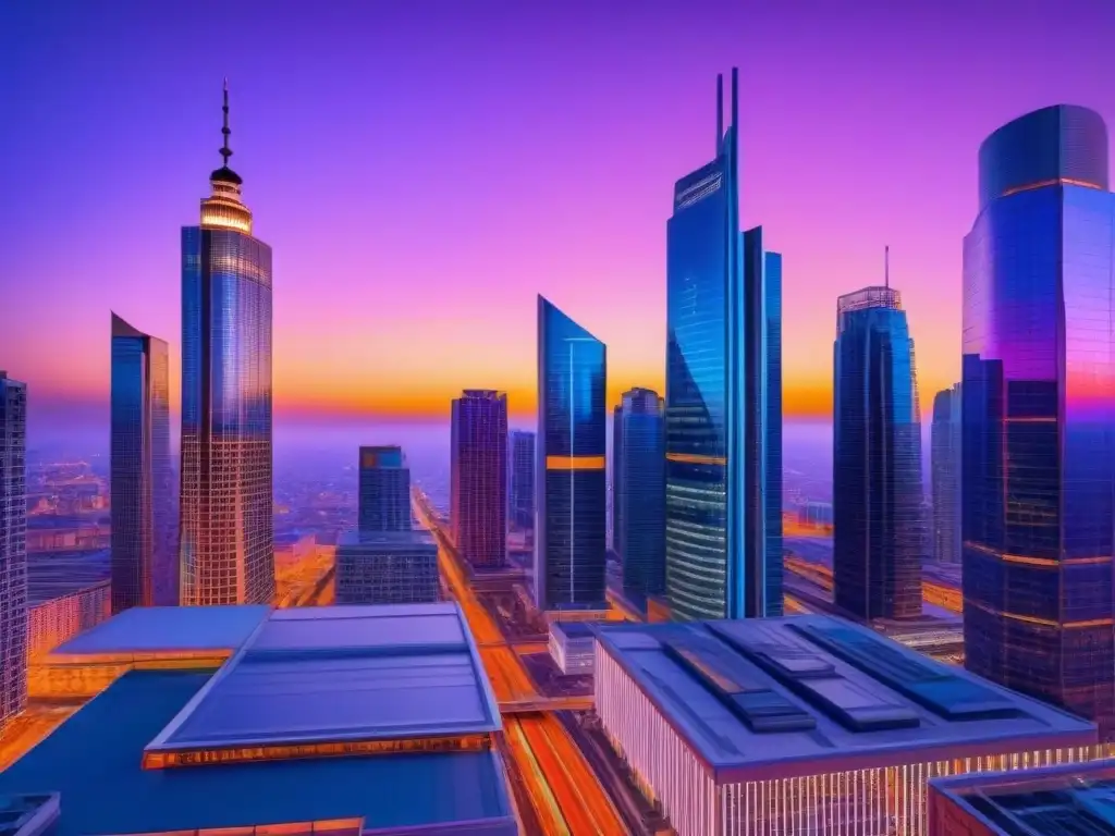 Metrópolis futurista: atardecer en la ciudad de cristal Un futurista paisaje urbano al atardecer con rascacielos iluminados, representa la valoración propiedades tecnologías emergentes