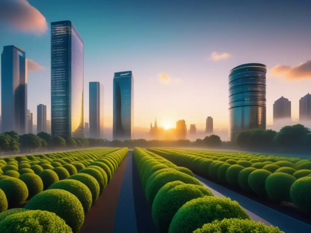 Futurística ciudad 8k: tecnología y naturaleza en armonía Un futurista paisaje urbano con rascacielos reflejando el atardecer, parques verdes y tecnología avanzada