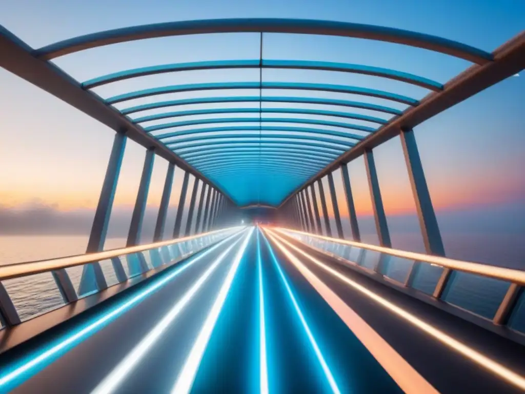 Puente futurista de cristal en entorno sereno Diseño futurista de puente con líneas curvas y pasarela de vidrio, iluminado y aparentando flotar sobre agua al atardecer