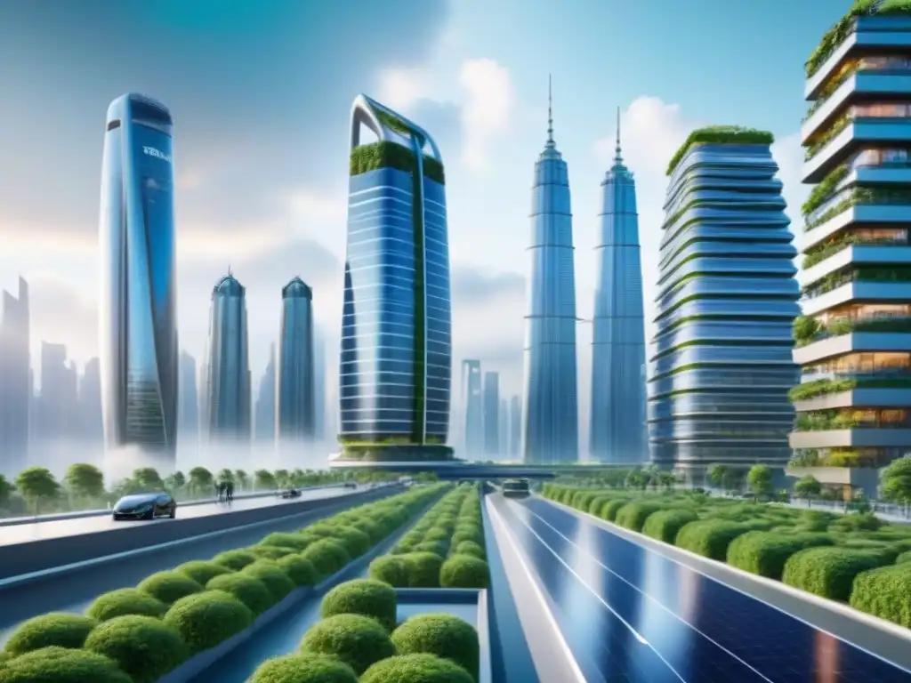 Metrópolis futurista: arquitectura eco en armonía con la naturaleza Futurista ciudad eco con rascacielos sostenibles y naturaleza, reflejando leyes conservación inmobiliaria 2023