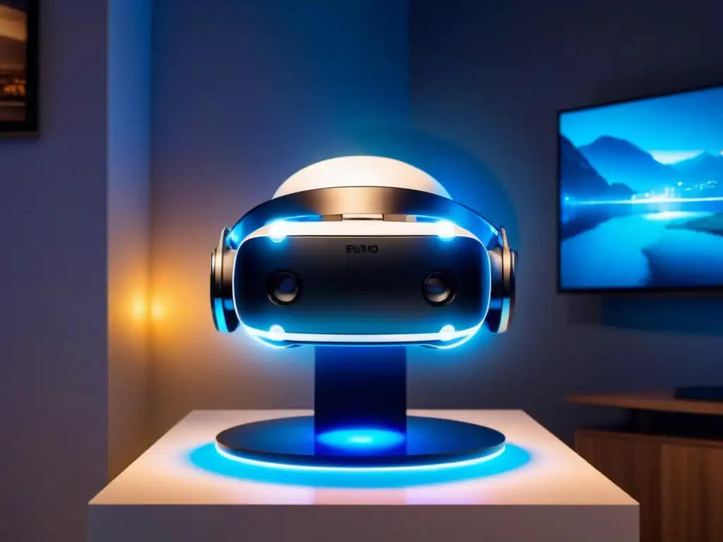 Headset de Realidad Virtual Futurista en Entorno Digital Futurista auricular de realidad virtual rodeado de gráficos digitales y propiedades inmobiliarias