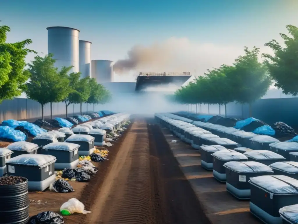 Avanzada planta de reciclaje del futuro en entorno urbano Instalación futurista de gestión de residuos en entorno urbano, con tecnología avanzada y diseño ecoamigable, integrado a la ciudad