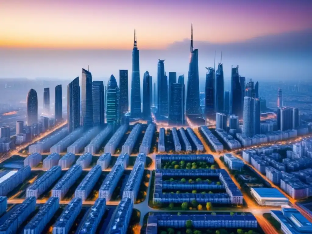 Skyline futurista: inversión inmobiliaria diversa y sostenible en una ciudad vibrante Futurista skyline urbano con diversidad demográfica reflejando tendencias demográficas inversiones inmobiliarias