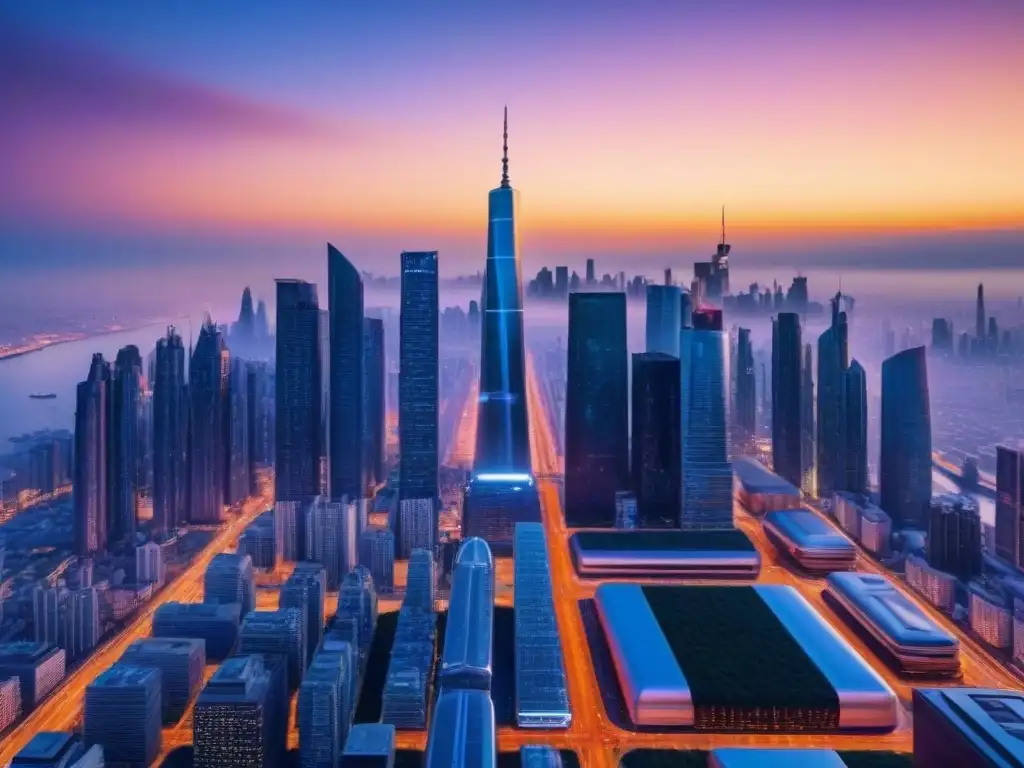 Metrópolis futurista: atardecer en la ciudad innovadora Un futurista skyline urbano con rascacielos reflejando la cálida luz del sol, lleno de tecnología avanzada y vehículos autónomos