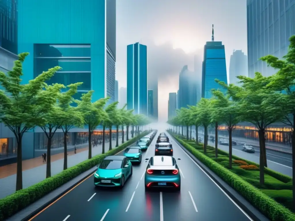 Metrópolis futurista: integración de naturaleza y tecnología ecofriendly Un futurista skyline urbano verde, con tecnología inteligente y arquitectura sostenible