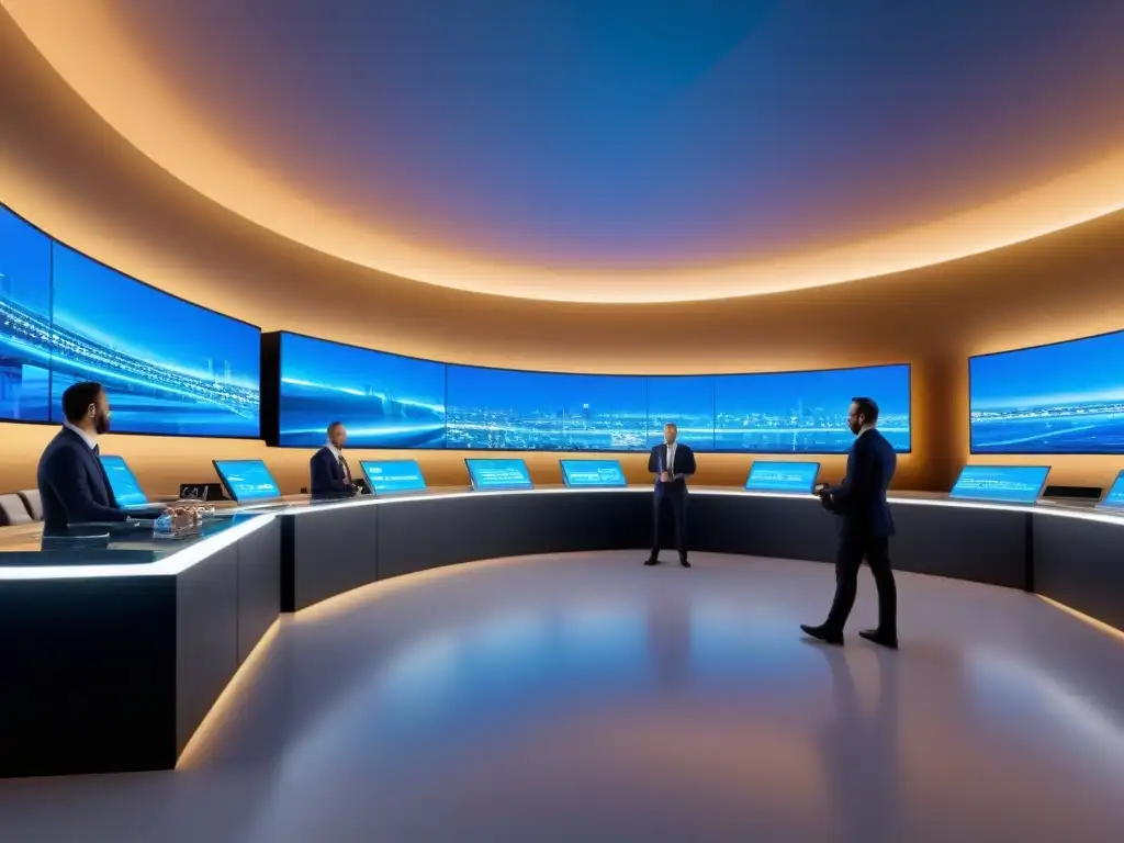 Subasta futurista en casa de lujo: tecnología 8k y pujas móviles Futurista subasta inmobiliaria con innovaciones tecnológicas y compradores en app de alta tecnología