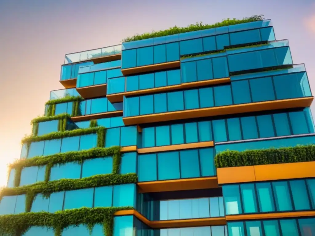 Edificio sostenible futurista: fusión de vidrio y naturaleza Futuro edificio sostenible con materiales sustentables conservación arquitectónica y fusión con naturaleza