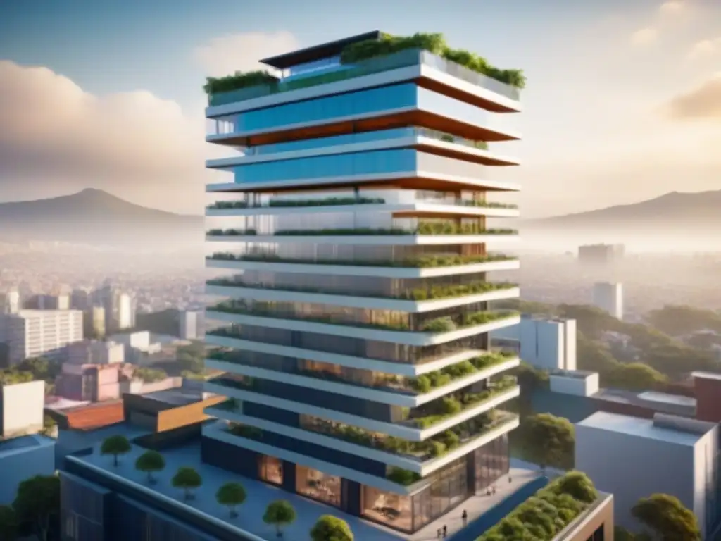 Rascacielos sostenible en CDMX: diseño innovador en armonía con la ciudad Futuro edificio sostenible en CDMX con terrazas verdes y paneles solares, en una negociación con autoridades locales inmobiliarias
